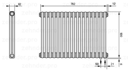 Схема (чертеж) Радиатор Zehnder Charleston 2090/17 №5510 Белый глянцевый RAL 9016